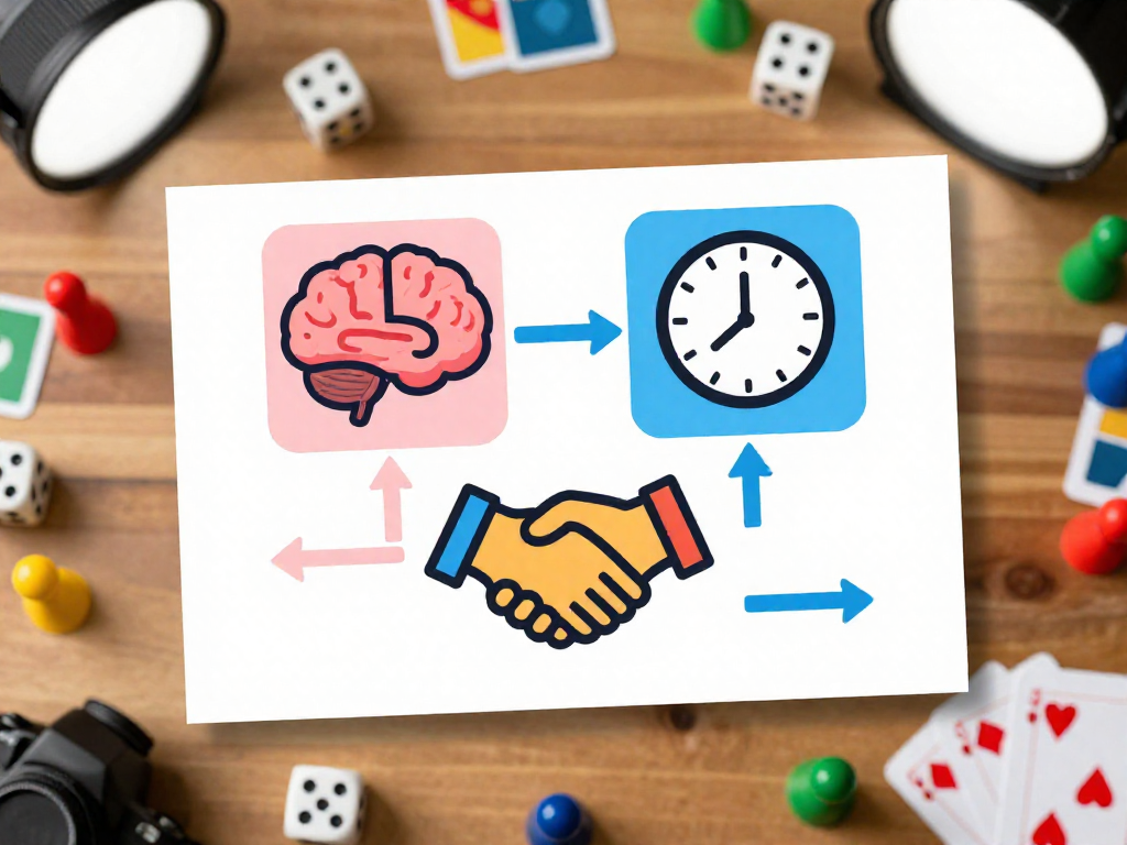 A laminated cheat sheet with colorful icons for teaching board games, lying on a table with game pieces scattered around.