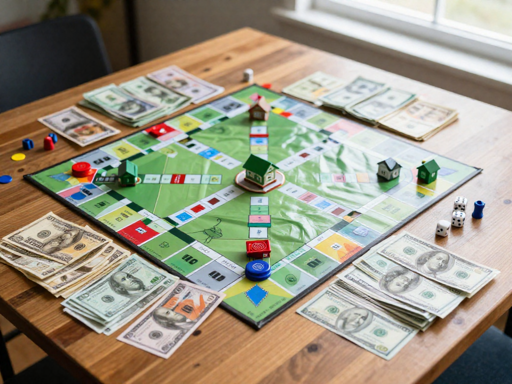 Overhead view of a property-trading board game mid-game with cash piles, houses, and hotel tokens on a wooden table