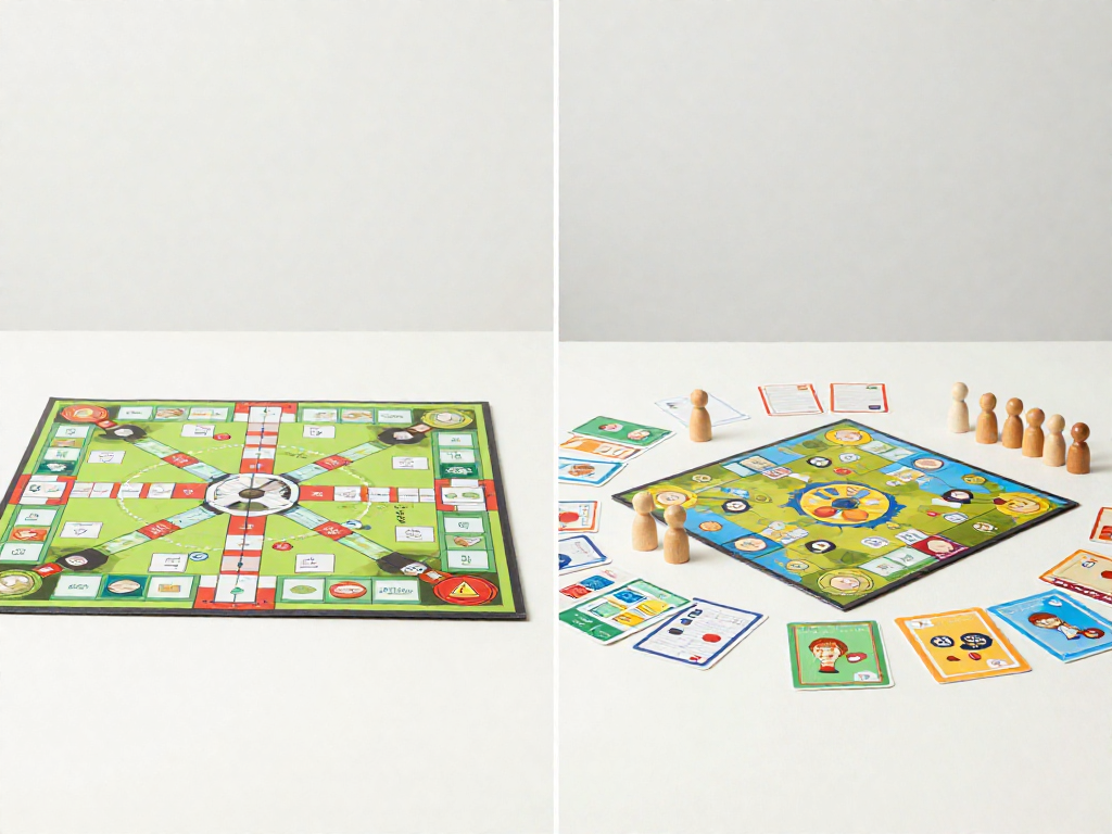 Side-by-side comparison of a classic property-trading game and modern colorful family board games