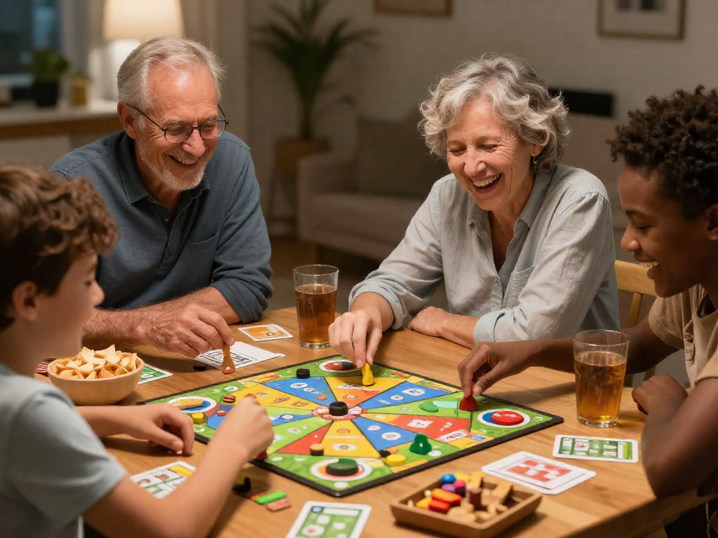 A family of four laughing while playing a modern board game together at a dining table