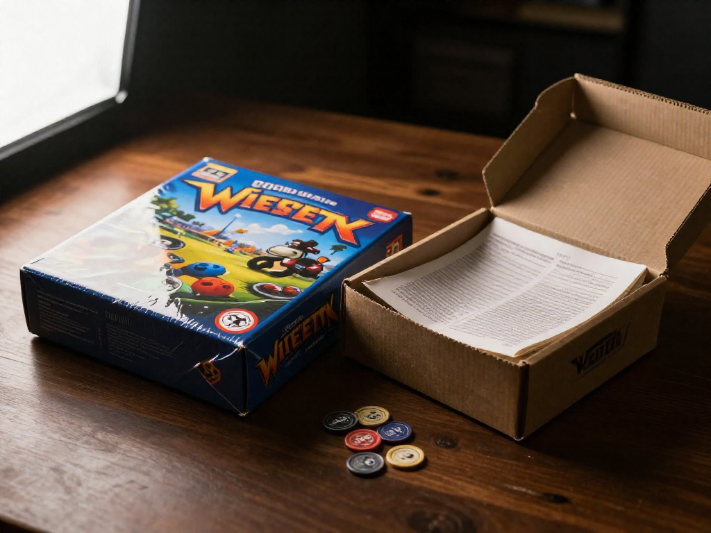 Two board game boxes side by side: a shrink-wrapped new box on the left and an open used box with visible wear on the right, illustrating the condition difference.