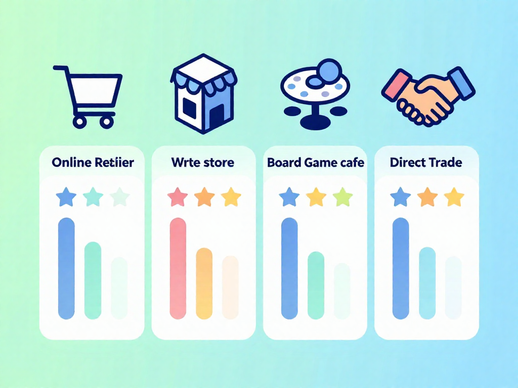A flat design graphic comparing four board game purchasing channels with icons and visual ratings for price, condition, and returns.