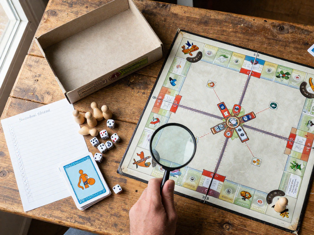 An overhead view of a used board game inspection, with game components spread on a wooden table and a checklist beside them, a hand holding a magnifying glass over a piece.