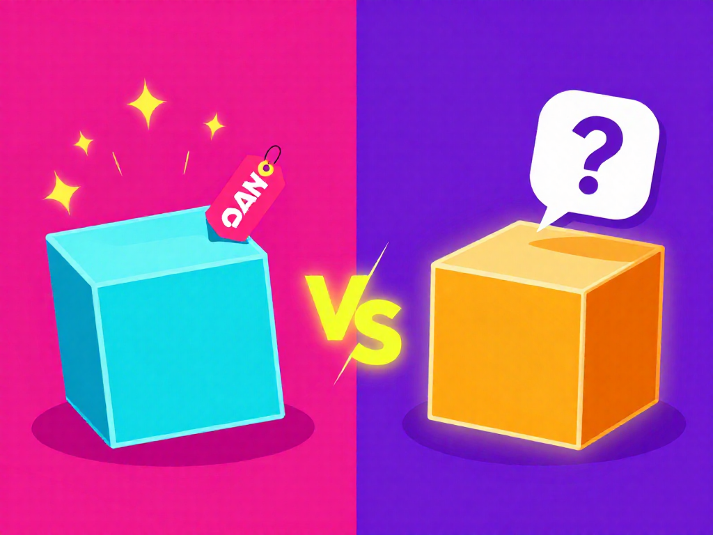A Pinterest graphic with a split design showing a new board game box on one side and a used box on the other, symbolizing the article's topic of buying new vs. used games.