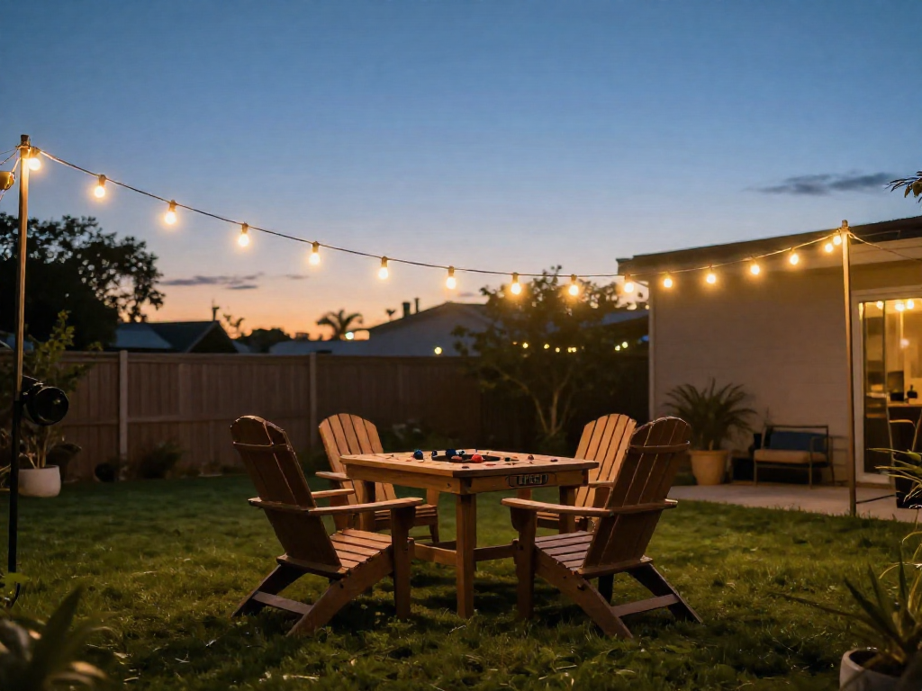 A backyard at dusk with string lights hanging above a wooden game table and chairs.