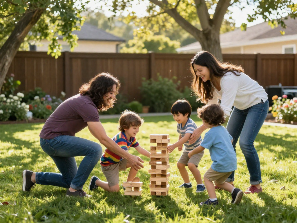 Family playing a giant Jenga game on the grass, laughing and pulling a block.