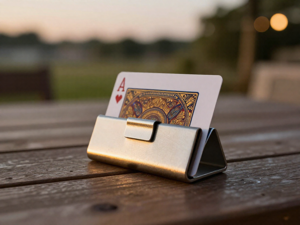 A card holder clipping a playing card on an outdoor table, preventing it from blowing away.