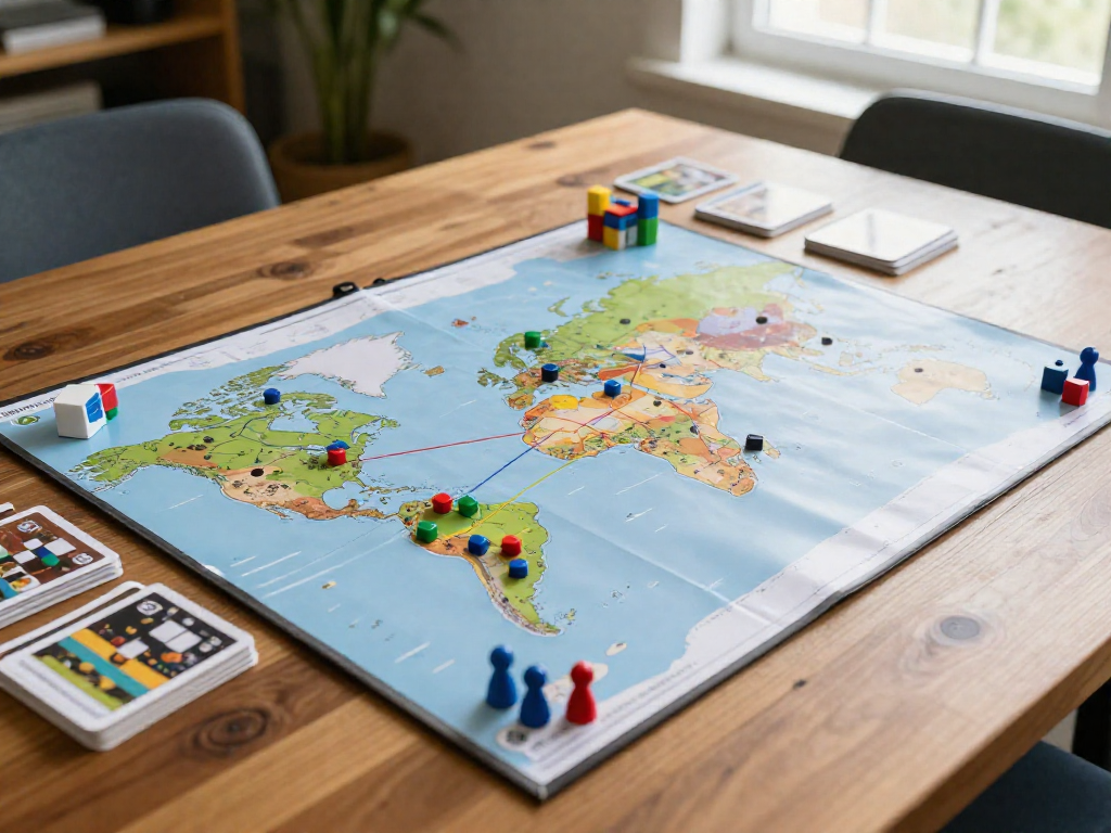 A cooperative board game set up mid-game with colored disease cubes spread across a world map board on a wooden table