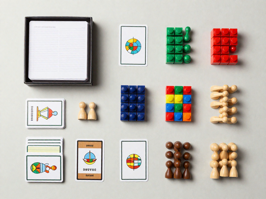 Overhead flat-lay of a board game box, card decks, colored cubes, and role pieces on a neutral surface