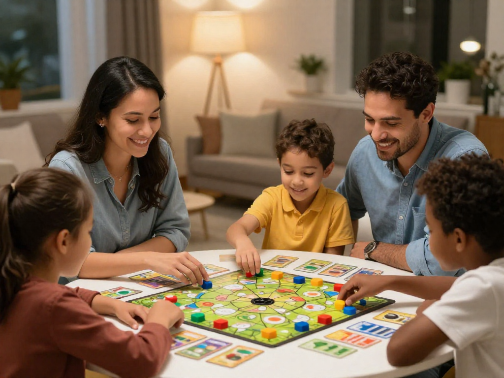A family of four smiling and playing a cooperative board game together at their dining table