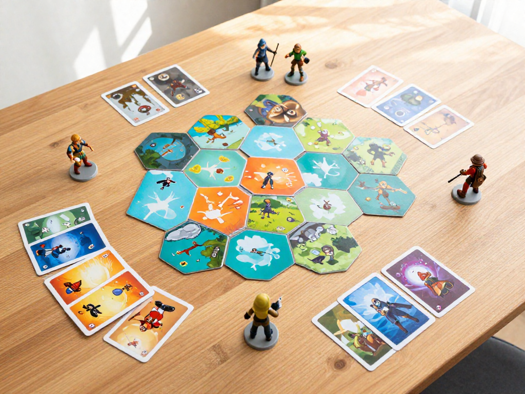 Top-down view of colorful board game expansion components spread on a wooden table.