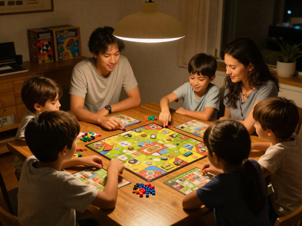 A family of four sits around a dining table playing a board game, with extra player pieces indicating an expanded player count.