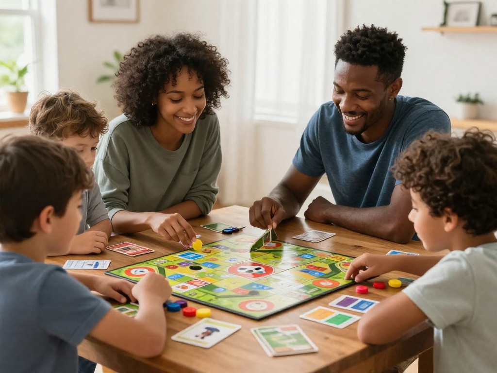 A family of four smiling and leaning over a colorful cooperative board game at a wooden table in a bright home