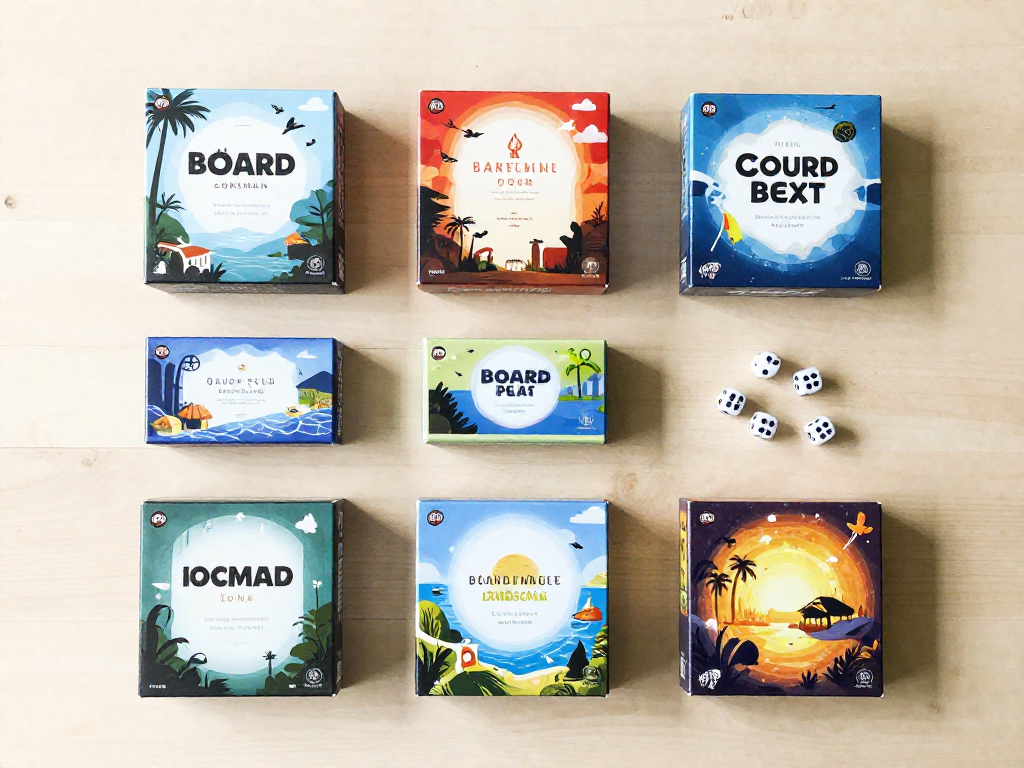 Overhead flat-lay of seven cooperative board game boxes arranged on a light wood surface