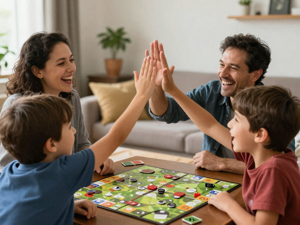 Parents and two children high-fiving and celebrating after winning a cooperative board game