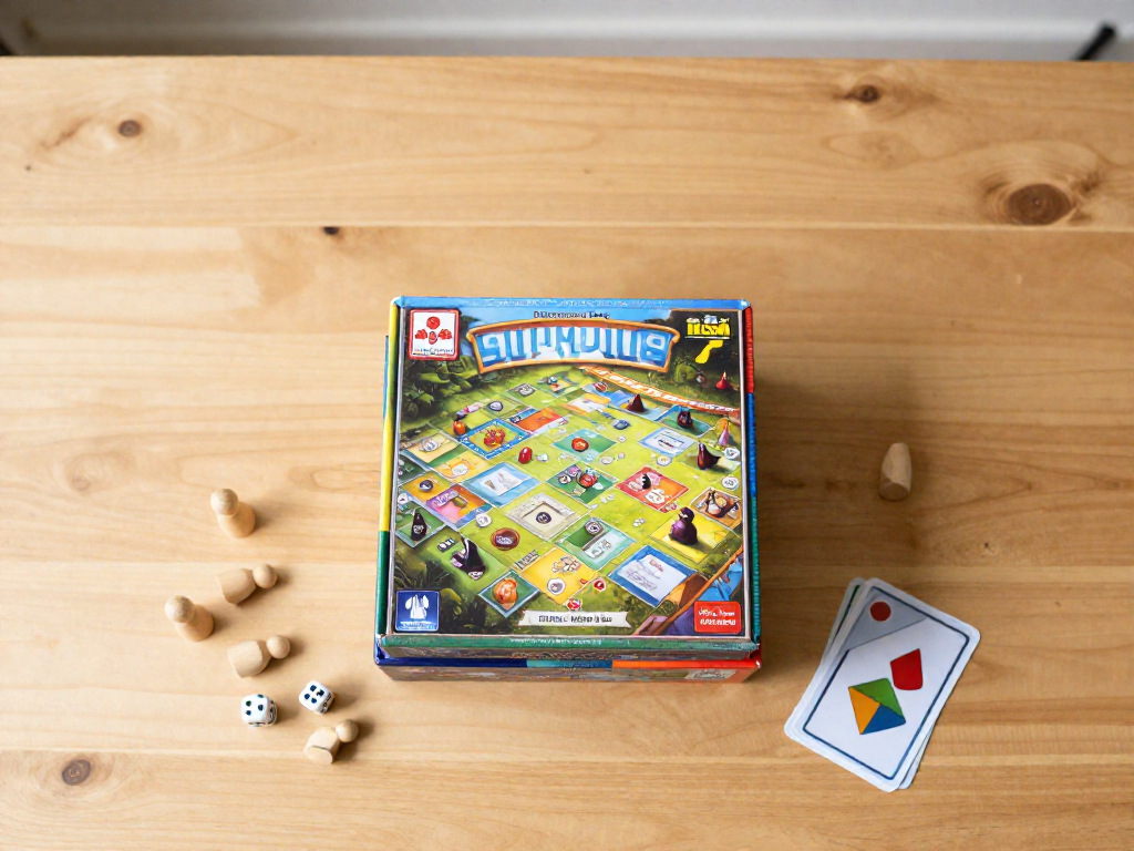 Overhead flat-lay of stacked two-player board game boxes with wooden pieces and dice on a light wooden table
