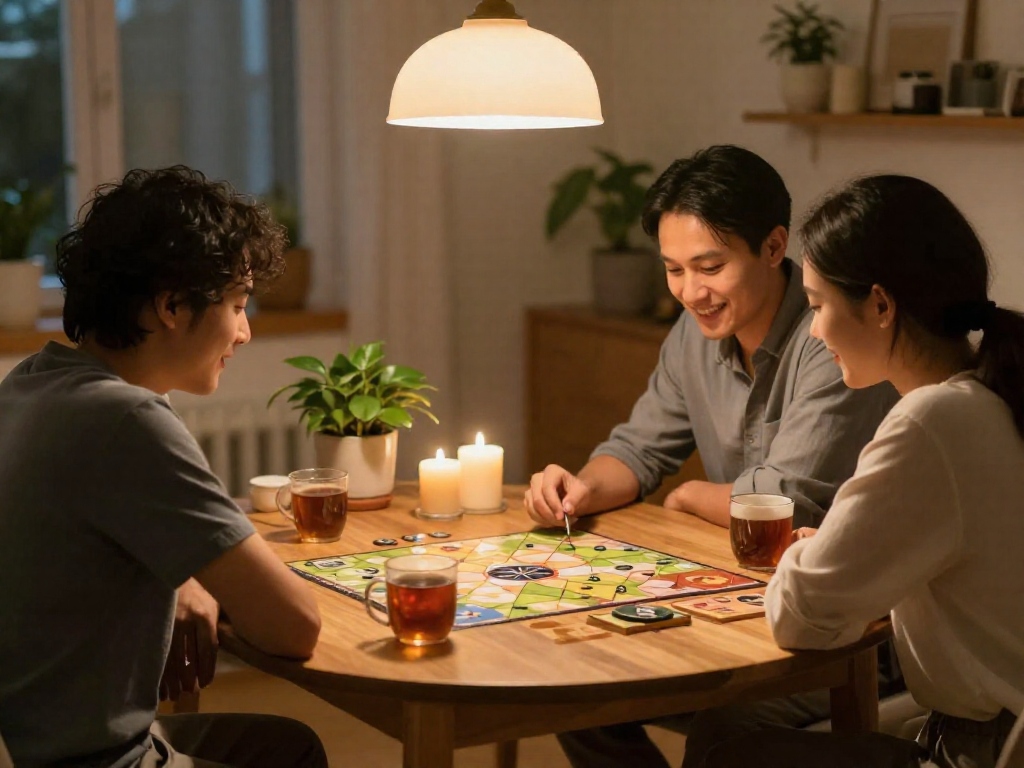Two people playing a board game across a small table at home under cozy warm lighting