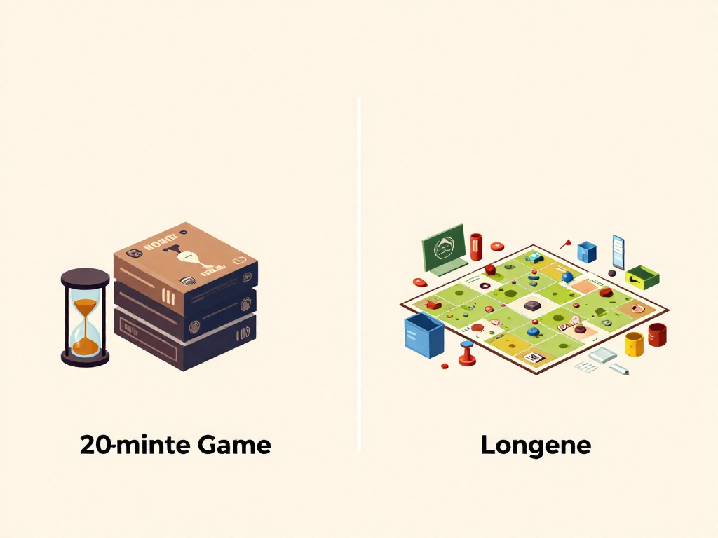 Side-by-side comparison graphic of a quick short board game versus a longer involved board game