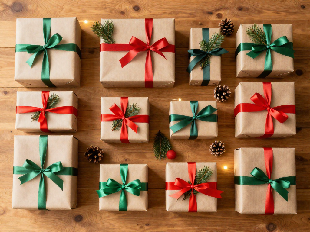 Gift-wrapped board game boxes sorted by size on a wooden table with holiday ribbon and pine sprigs