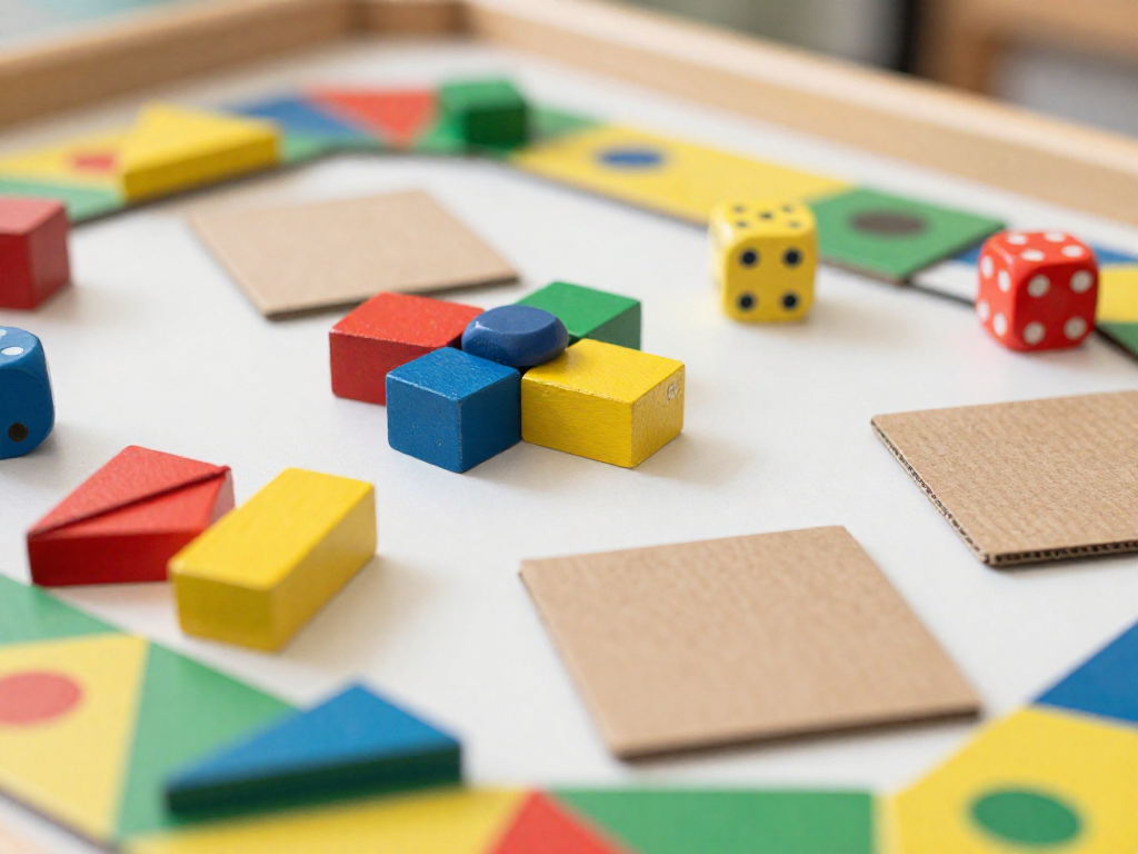 Close-up of colorful preschool board game pieces including chunky wooden tokens, dice, and a spinner on a table