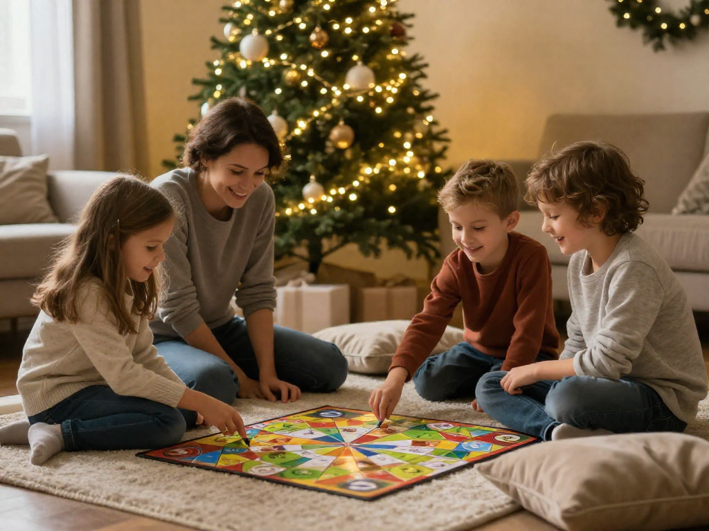 A family of four playing a board game together on the floor beside a decorated holiday tree
