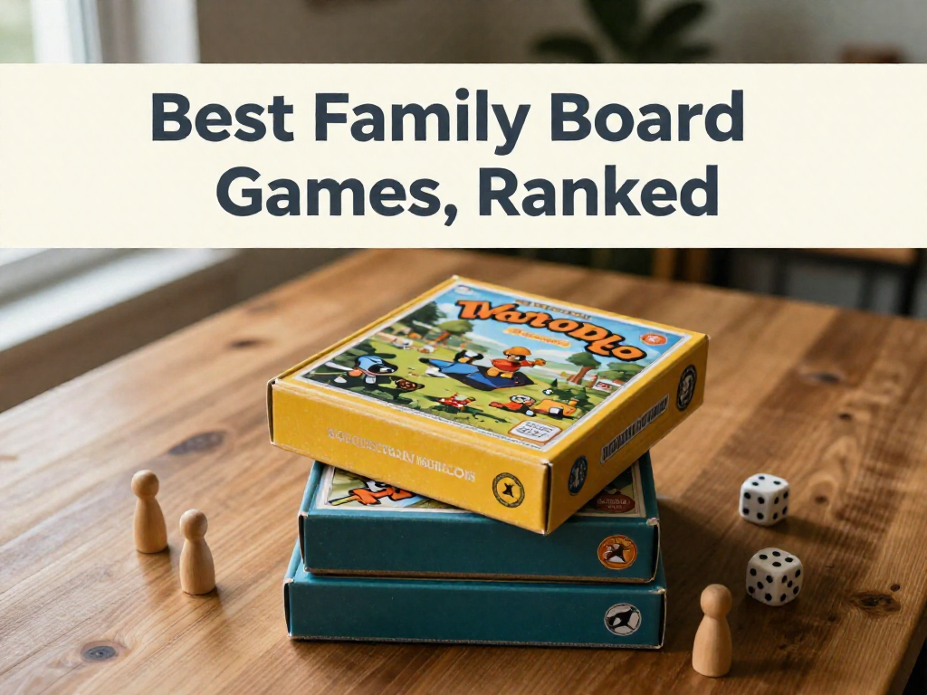 Overhead flat-lay of stacked family board game boxes with a 'Best Family Board Games, Ranked' text overlay