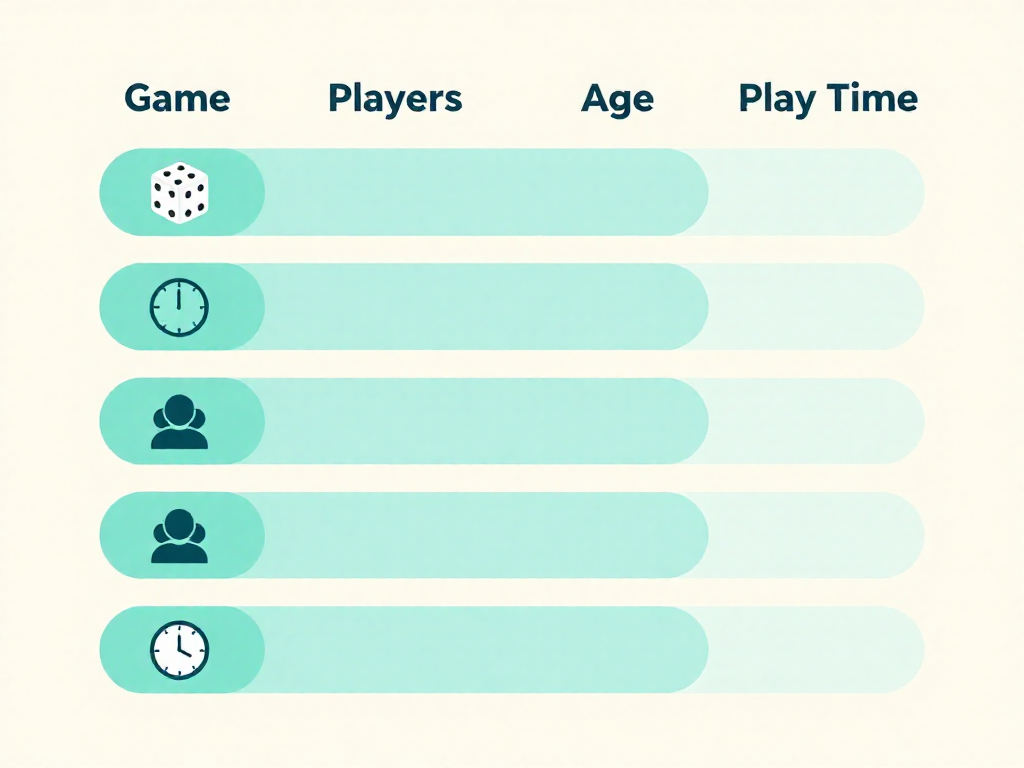 Comparison table showing player count, recommended age, and play time for top family board games