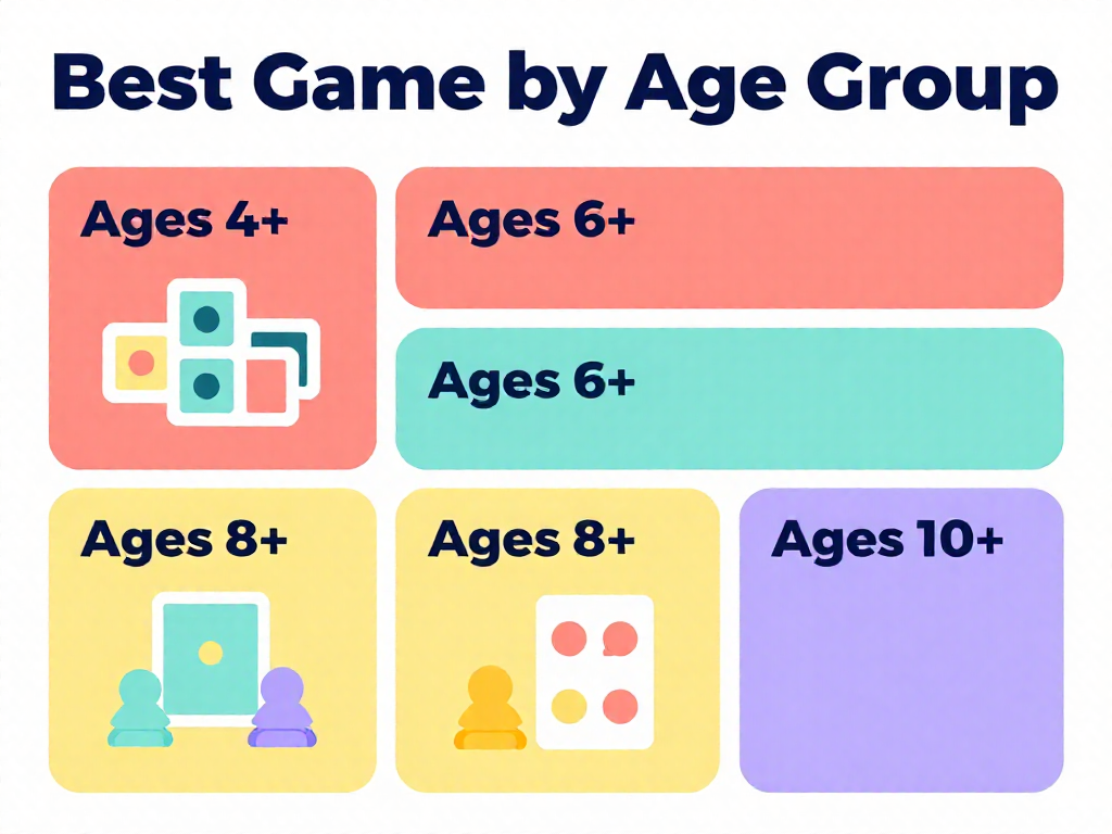Tall infographic listing the best family board games by age group