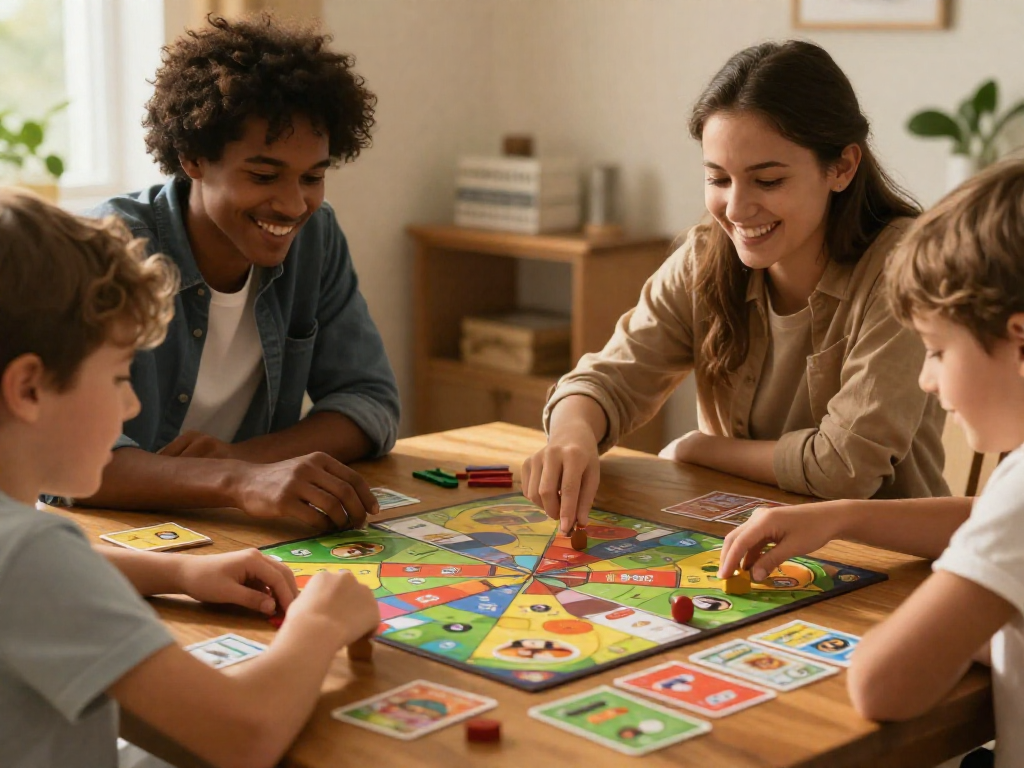 A family of four laughing while playing a board game together at a wooden table