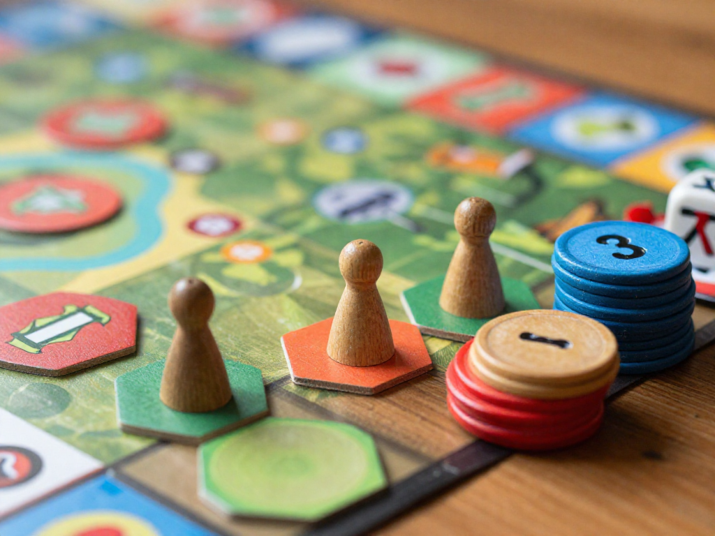 Close-up of colorful board game components including meeples, tiles, and dice