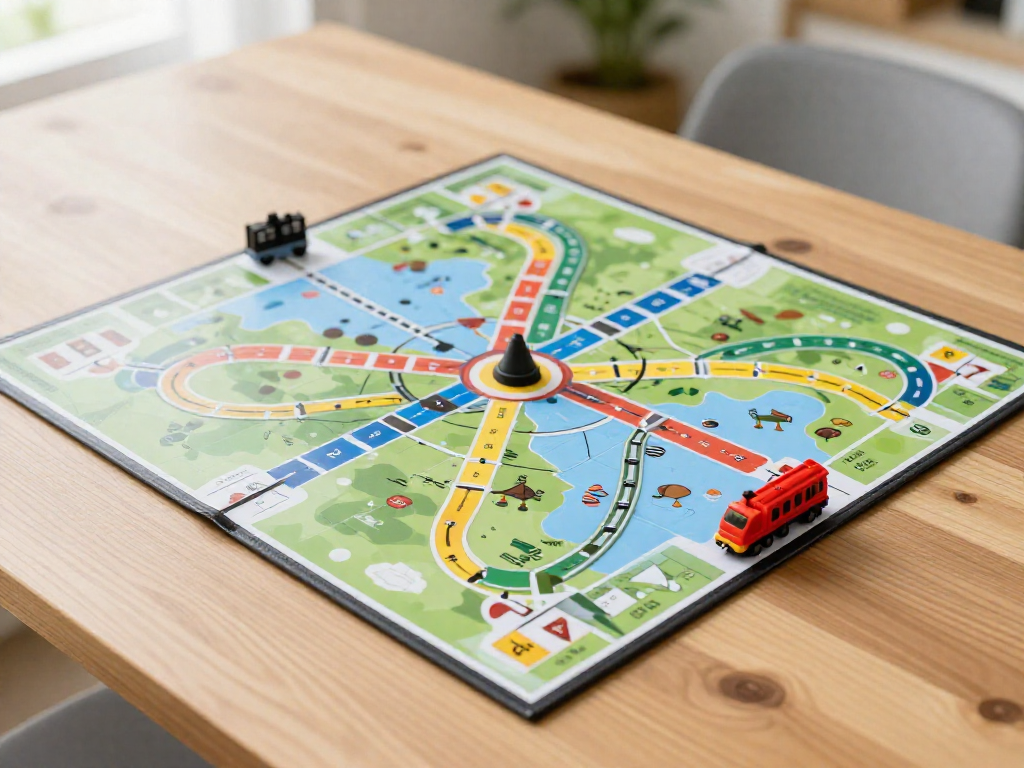 Overhead view of a colorful train-route board game mid-game with train pieces on the routes