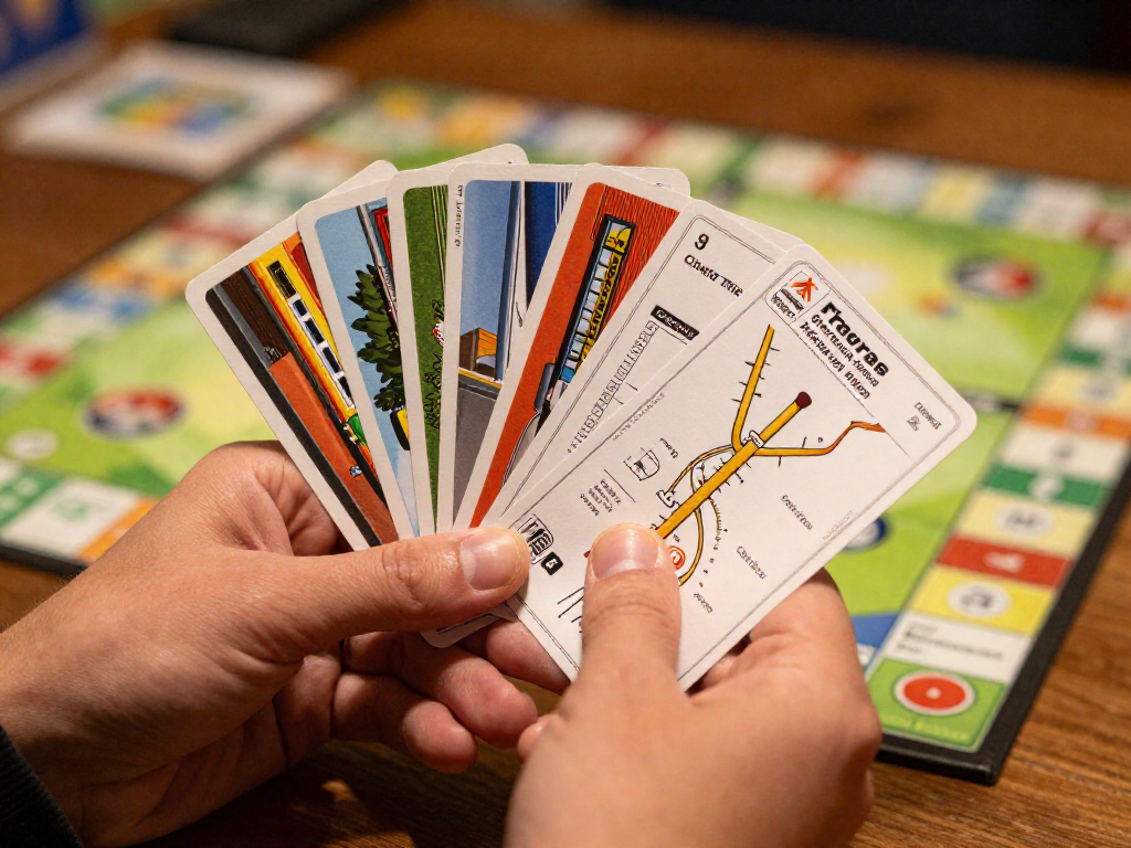 Close-up of a hand holding colorful train cards and destination tickets