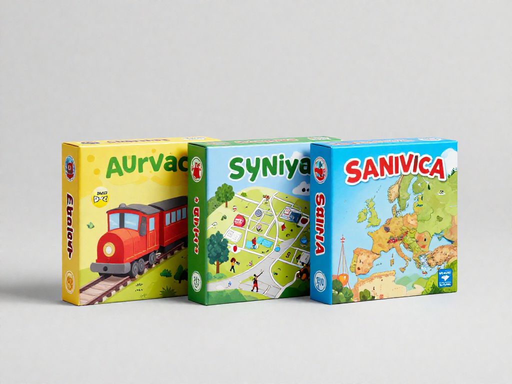 Three train-themed board game boxes displayed side by side for comparison