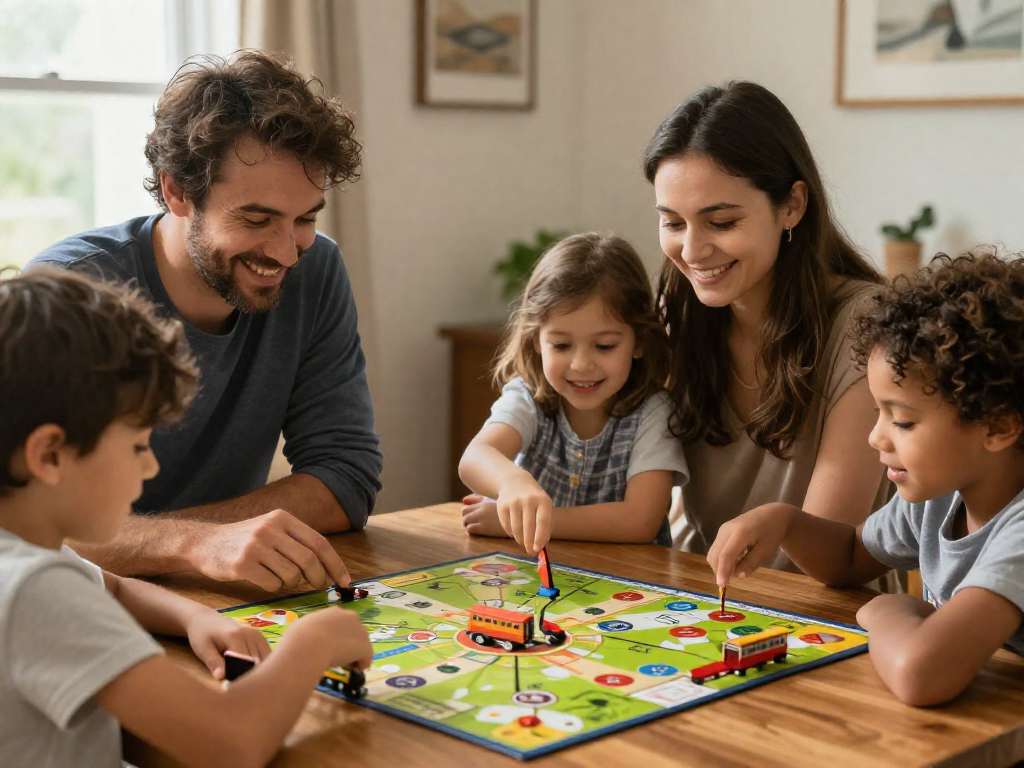 A family of mixed ages gathered around the table playing a board game together