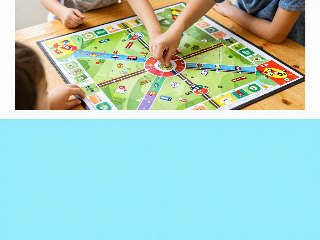 Vertical pin graphic featuring a train board game photo with space for a title overlay