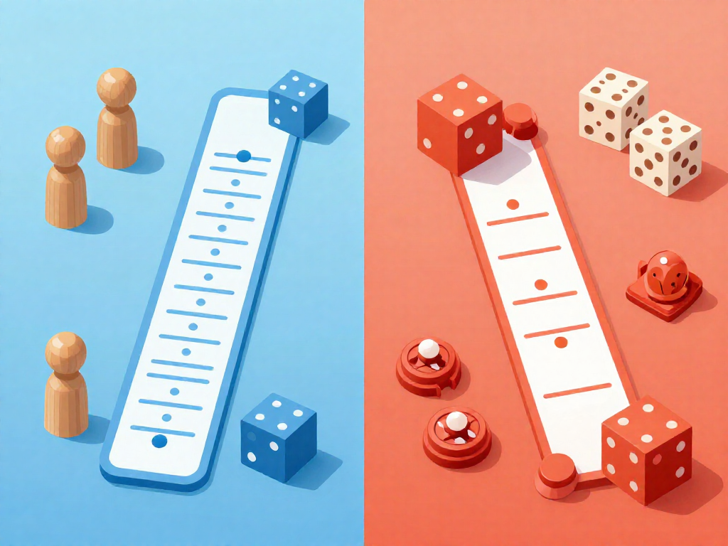 Side-by-side comparison of eurogame traits versus ameritrash traits with icons and color-coded panels