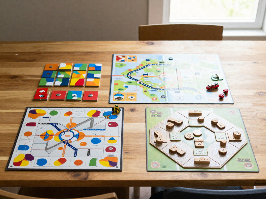 Overhead flat-lay of three beginner eurogames laid out on a wooden table