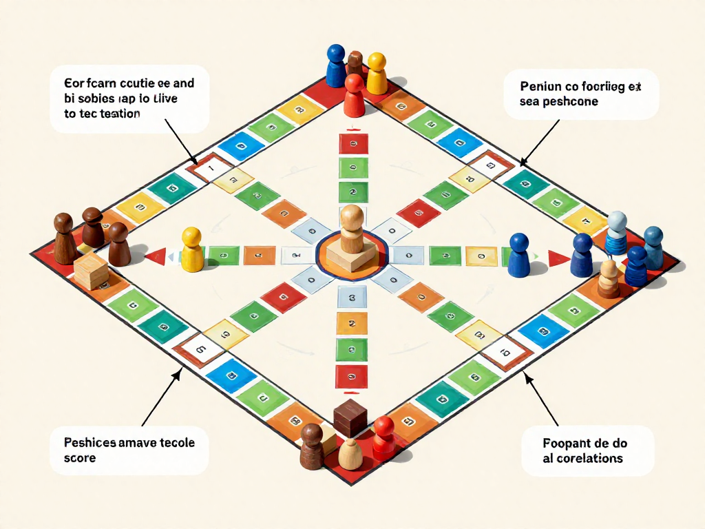 Annotated eurogame board with labels pointing to resources, meeples, and a score track