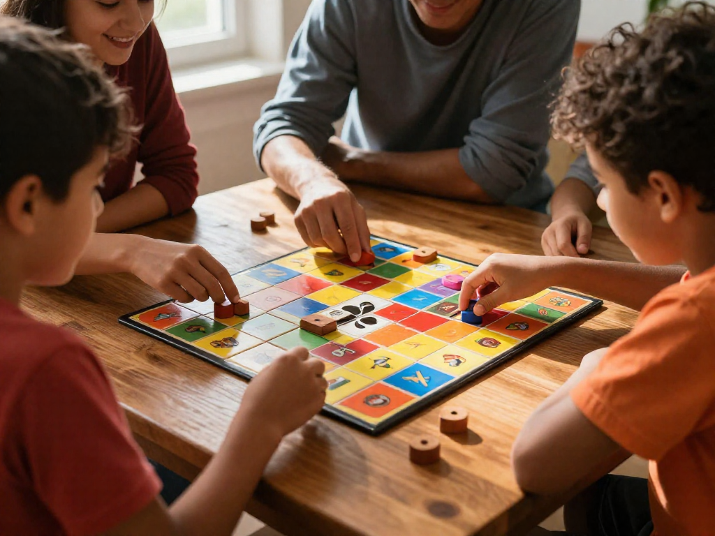 Family smiling and playing a colorful board game together on a wooden table in a sunlit room.