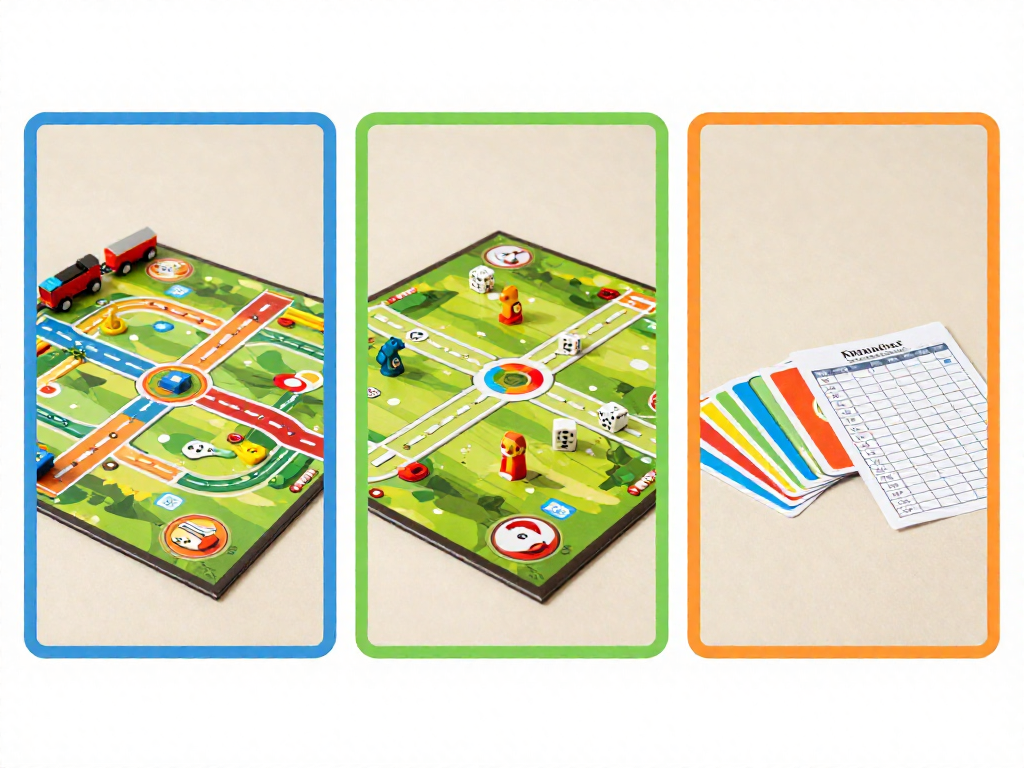 Three side-by-side board game setups: a route-building game, a cooperative family game, and a quick card game.