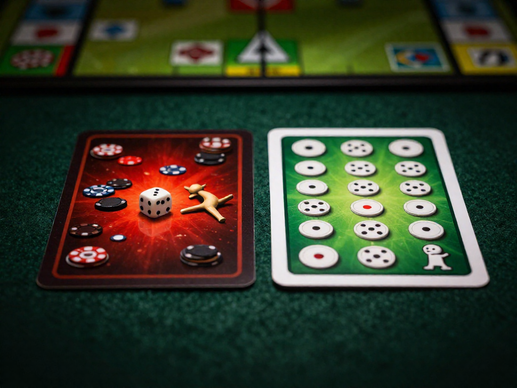Two cards side by side on a green felt table; the left displays a chaotic arrangement of game pieces suggesting a rule mistake, while the right shows an orderly arrangement indicating the correct rule, with red and green lighting respectively.