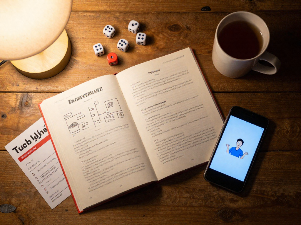 Overhead view of an open board game rulebook, a quick-reference card, and a smartphone showing a how-to video, arranged on a wooden table with a mug and dice nearby.
