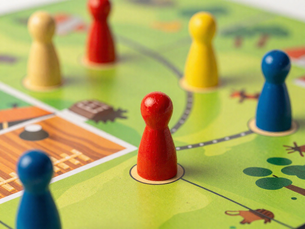 Close-up of wooden worker pawns on a colorful game board with action spaces.