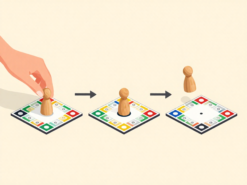 Visual diagram showing one round of worker placement: placing a worker, taking an action, and resetting the board.