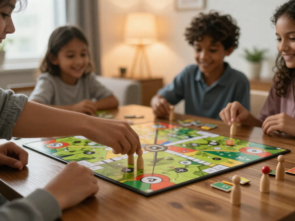 Family gathered around a table playing a board game, with one person placing a worker pawn on the board.